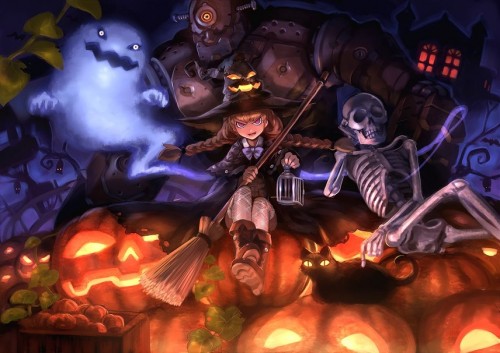 196552__art-damin-halloween-halloween-girl-witch-cat-pumpkin-hat-golem-skeleton-cast-broom_p